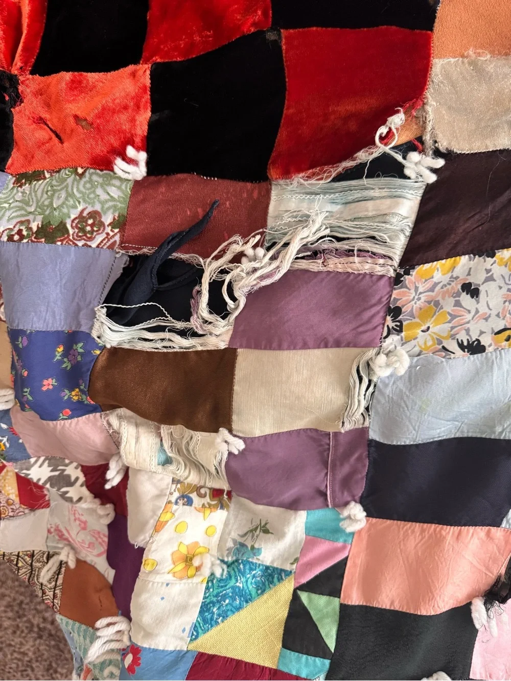 Vintage Heirloom Patchwork Quilt 75x70 Mixed Fabric Boho Cutter Quilt AS IS
